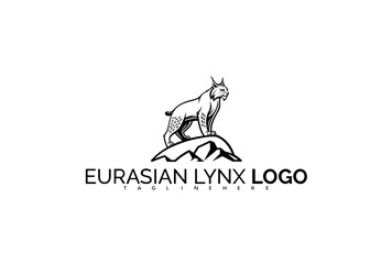 Fototapeta premium Eurasian Lynx Logo Design Featuring a Stylized Mountain Scene and Wildcat. Ideal for Adventure Travel Agencies, Park Logos, and Wilderness-Inspired Branding.