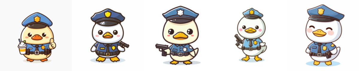 cute duck dressed as police icon set