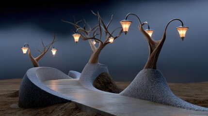 Surreal fantasy street scene with glowing lanterns and dreamlike architecture at night