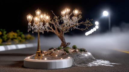 Surreal fantasy street scene with glowing lanterns and dreamlike architecture at night