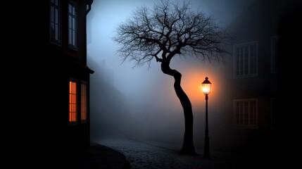 Mysterious Night Street with Dramatic Lighting and Atmospheric Fog