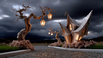 Fantasy Halloween Night Streets with Lanterns and Surreal Architecture