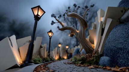 Fantasy Halloween Night Streets with Lanterns and Surreal Architecture