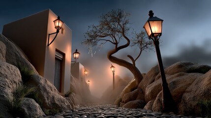 Fantasy Halloween Night Streets with Lanterns and Surreal Architecture