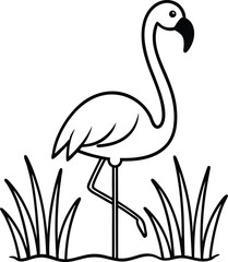 Pink flamingo bird vector illustration on the beach or in water with a long beak, a beautiful wild animal in nature