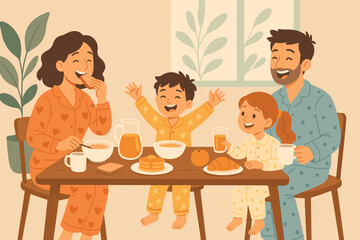 Happy family having breakfast together in pajamas at home. Joyful mother, father, son and daughter eating at the kitchen table. Morning routine, togetherness and food concept.