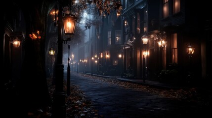 Mysterious Night Street with Glowing Lanterns and Gothic Architecture