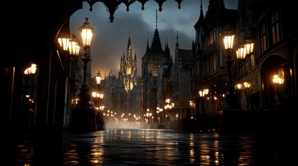 Mysterious Night Street with Glowing Lanterns and Gothic Architecture