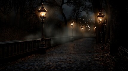 Mysterious Night Street with Dramatic Lighting and Atmospheric Fog