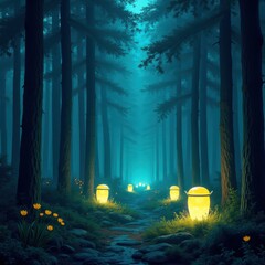 A mystical forest path illuminated by glowing lanterns under a blue-hued twilight sky, surrounded by tall trees and lush greenery. Generative, AI,