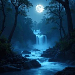 A serene night scene with a cascading waterfall in a forest, illuminated by a full moon. The water flows through multiple tiers, surrounded by tall trees. Generative, AI,