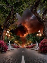 Mystical Night Street and Surreal Cityscape with Glowing Lamps