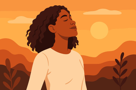 Mixed race woman relaxing and breathing fresh air outdoors at sunset. Concept of mindfulness, meditation, and mental health. Peaceful girl enjoying nature for self-care. - Powered by Adobe