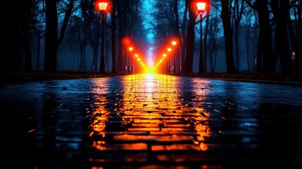 Misty Alley with Bright Streetlights and Wet Reflections
