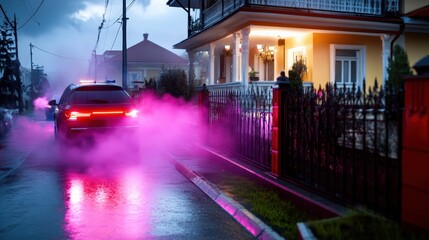 Sci-Fi Street Scene with Glowing Car and Neon Fog