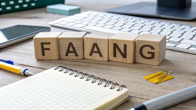 FAANG Cubes Arranged on Desk with Keyboard for Tech-Centric Visual