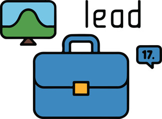 Illustration of a computer screen, briefcase, speech bubble, and the word lead on a gray background