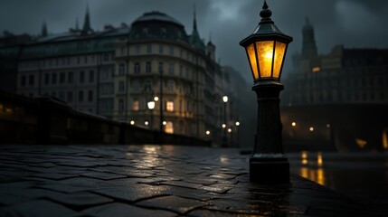 Vintage Street Lamp on Cobblestone Road at Night
