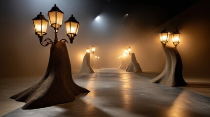 Surreal fantasy street scene with glowing lanterns and dreamlike architecture at night