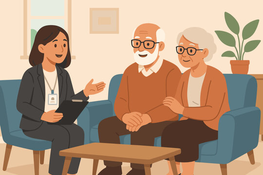 Senior couple consulting social worker advisor at home. Elderly care meeting, family support, retirement planning, counseling session, healthcare discussion. Modern flat vector illustration. - Powered by Adobe