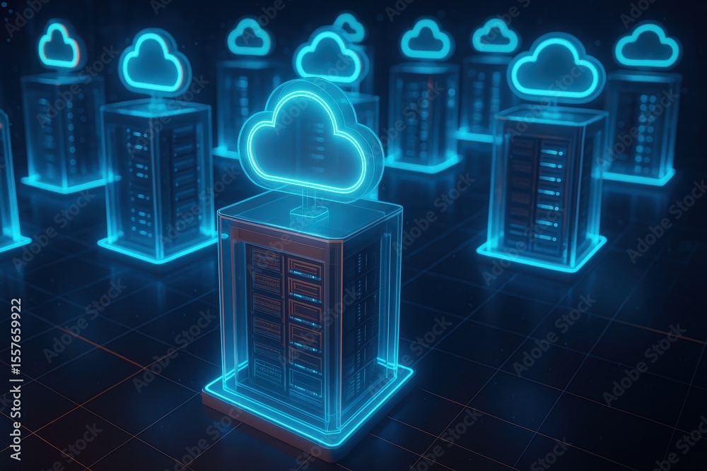 Poster cloud computing network: a futuristic network of transparent servers with glowing blue cloud icons s