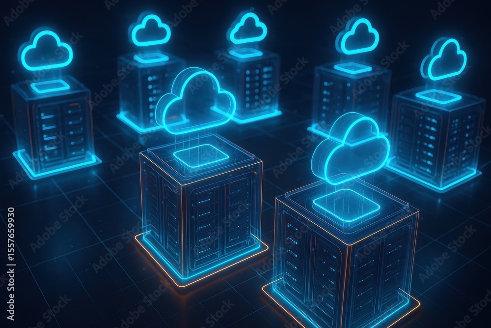 Fototapete Cloud Computing Technology: Futuristic depiction of interconnected data servers visualized with neon-blue cloud icons, showcasing the power and reach of a global data network.