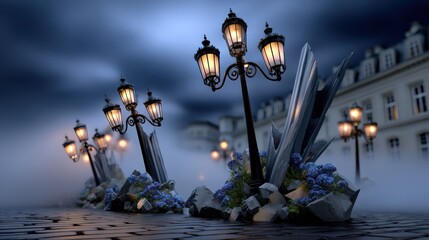 Fantasy Halloween Night Streets with Lanterns and Surreal Architecture