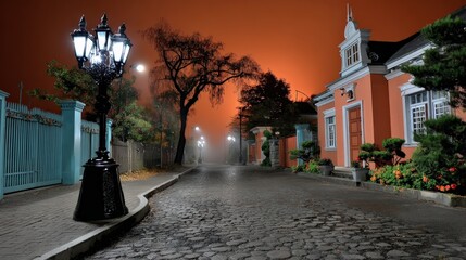 Mystical Night Street and Surreal Cityscape with Glowing Lamps