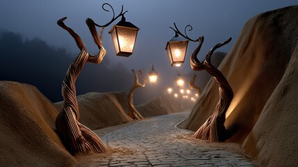 Surreal fantasy street scene with glowing lanterns and dreamlike architecture at night