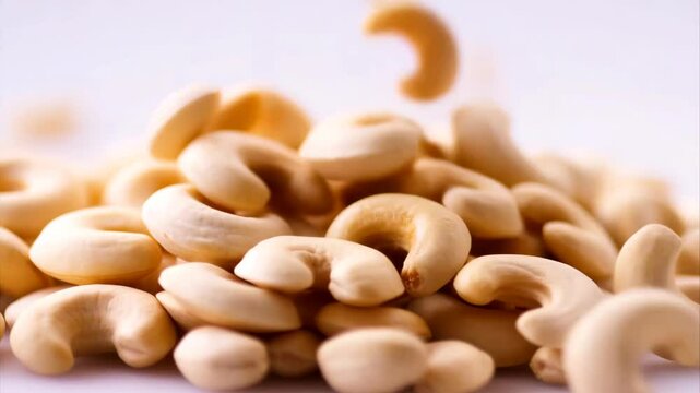 Slow motion close-up of raw cashew nuts falling onto a large pile against a clean white background