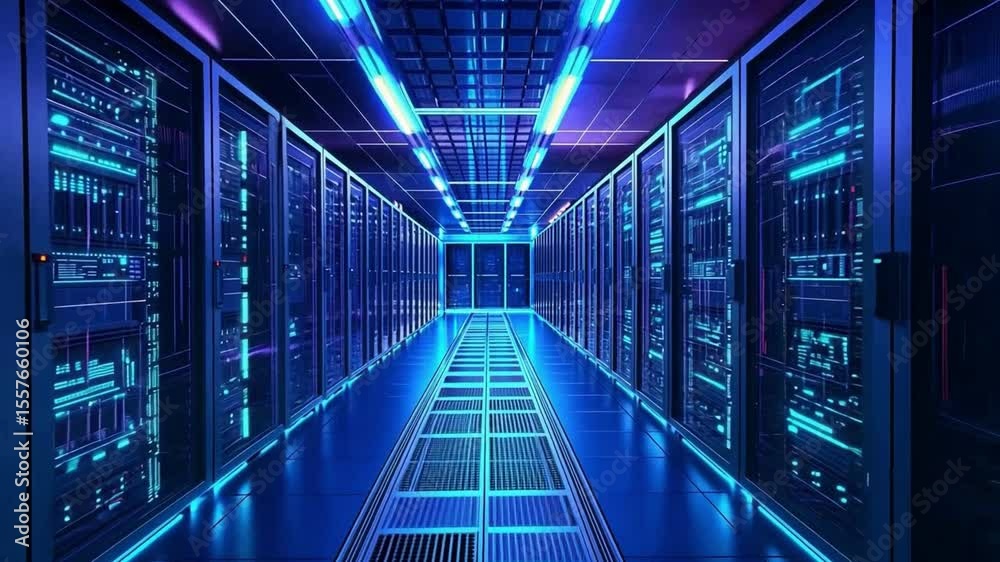 Poster digital nexus: a sleek, modern data center with rows of servers bathed in cool, electric blue light,