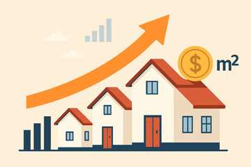 Real estate market growth concept. Rising house prices per square meter. Increasing property value. Investment, housing market, price trend, mortgage, realty, financial growth. Modern flat vector