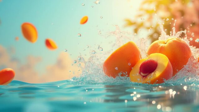 Juicy peaches splash into clear water, creating a vibrant, refreshing scene full of motion and summer vibes