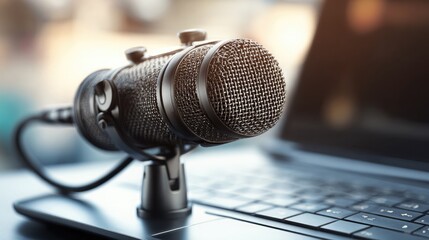 Close-up of USB microphone with cable connected to laptop for home recording