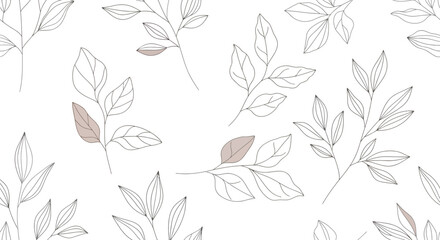 Delicate Line Art Leaves with Subtle Taupe Accents Minimalist Botanical Pattern.
