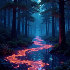 A surreal forest landscape with radiant streams of light winding through tall trees, creating a magical, dreamlike atmosphere under a glowing twilight sky. Generative, AI,