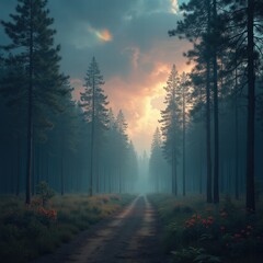 A winding path through a pine forest in soft golden light, framed by vibrant wildflowers and tall trees under a dramatic glowing sky. Generative, AI,