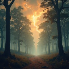 A winding path through a pine forest in soft golden light, framed by vibrant wildflowers and tall trees under a dramatic glowing sky. Generative, AI,