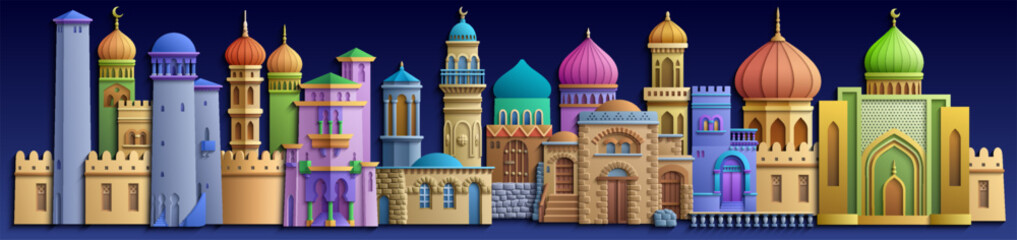 Colorful paper cut style vector illustration of an oriental city with domes, towers, and minarets. Perfect for Arabian, Islamic, and fairytale themed designs.