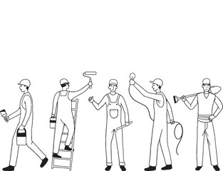 Set of black and white cartoon illustrations of workers in various poses, including a painter on a ladder, a handyman, and a worker with a shovel. This collection is perfect for themes of construction
