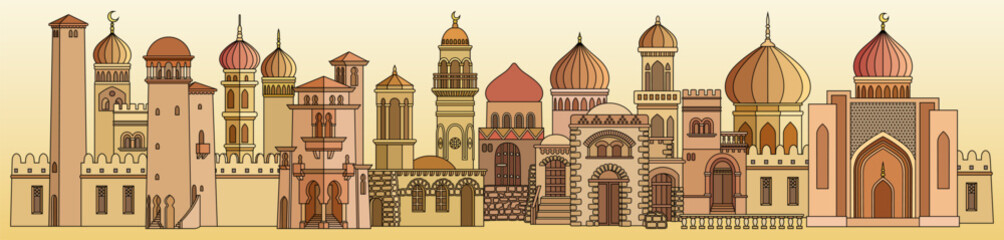 Colorful vector illustration of an oriental city with domes, towers, and minarets. Perfect for Arabian, Islamic, and fairytale themed designs