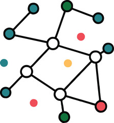 A network diagram with colored nodes connected by lines on a white background in a simple style