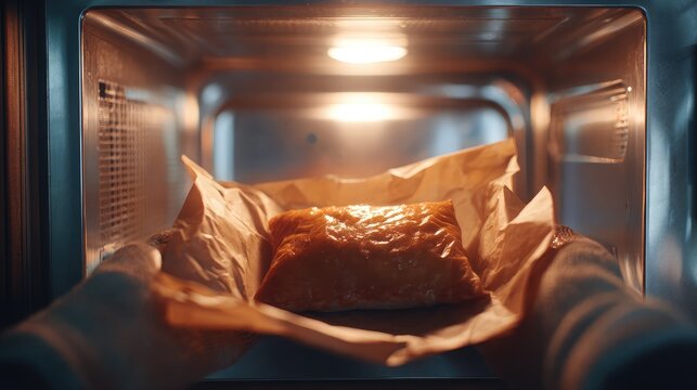 Frozen meal being unwrapped and placed in front of a clean, modern microwave