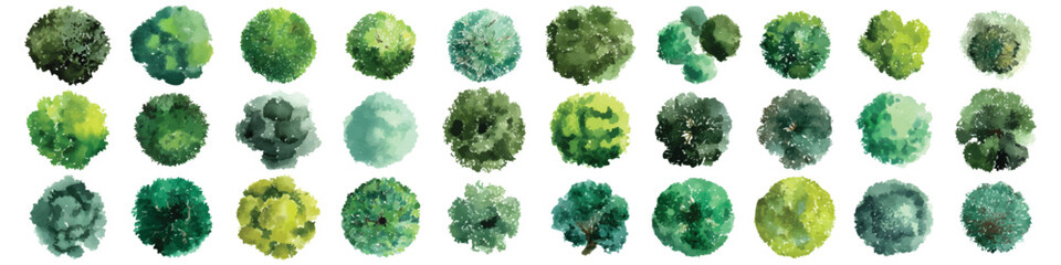 Watercolor set of green trees bush top view landscape architectural maps environmental isolated on transparent background
