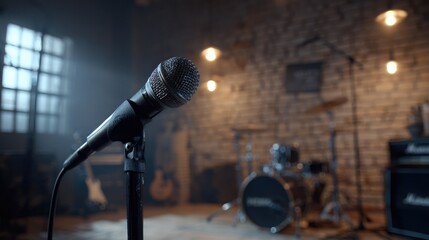 Microphone on stand in a rehearsal room with musical instruments in the shadows