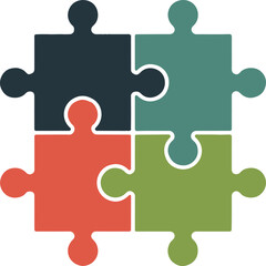 Four colorful jigsaw puzzle pieces connected on a light background forming a square shape together