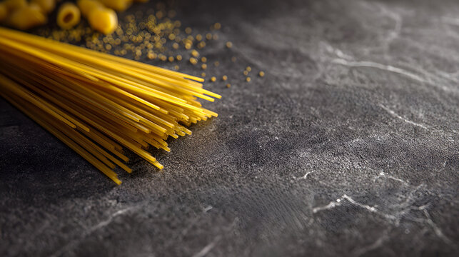 Close up of uncooked spaghetti pasta with small pasta on dark background