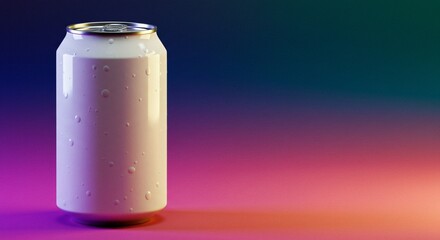 White condensation-covered can stands out against a mesmerizing neon gradient, creating a refreshing and modern product shot