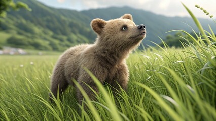 Adorable Brown Bear Cub in Lush Green Meadow, Hopeful Gaze, Wildlife Photography