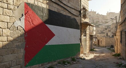 Palestinian flag painted on a brick wall in a narrow alleyway within a Middle Eastern town.